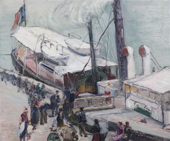Mabel Harrison (Exh. 1907-36) Figures of a jetty beside a ferry boat 14 x 17.5in.